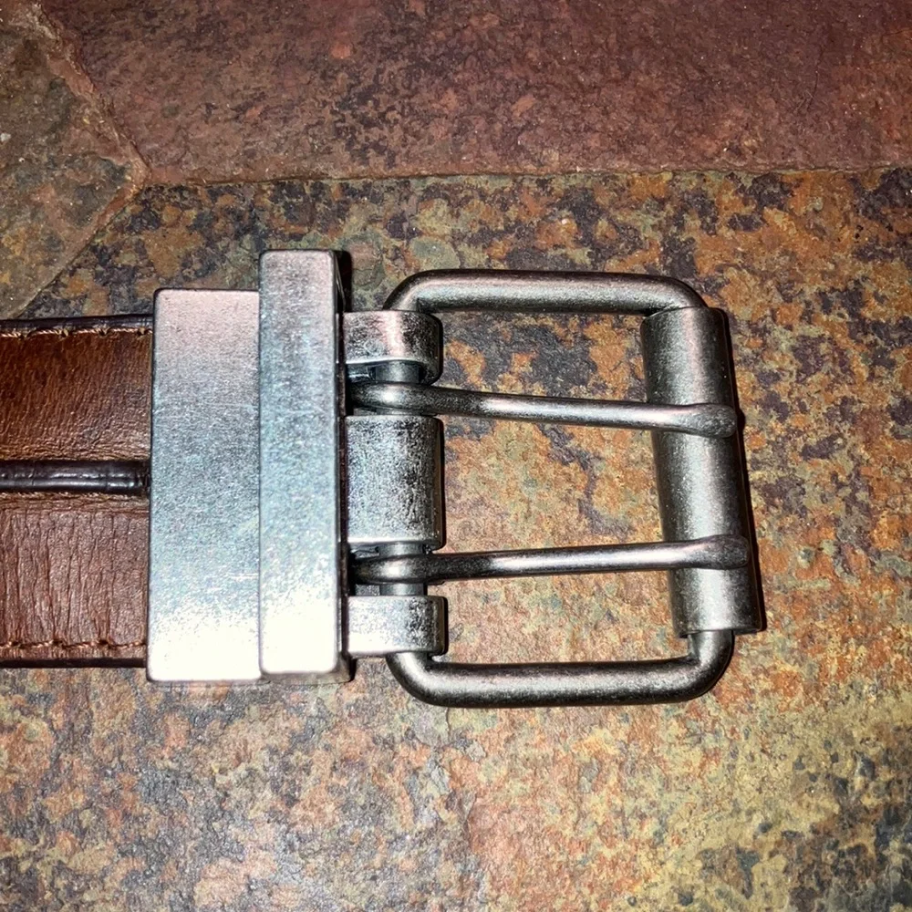Reversible Brown/Black Leather Belt with Metal Studs and Silver‎ Buckle